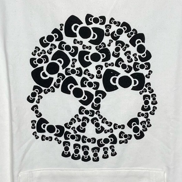 NWOT Kitty Bow Style Skull Print L Pullover Hoodie Cream Kangaroo Pocket - Picture 2 of 6